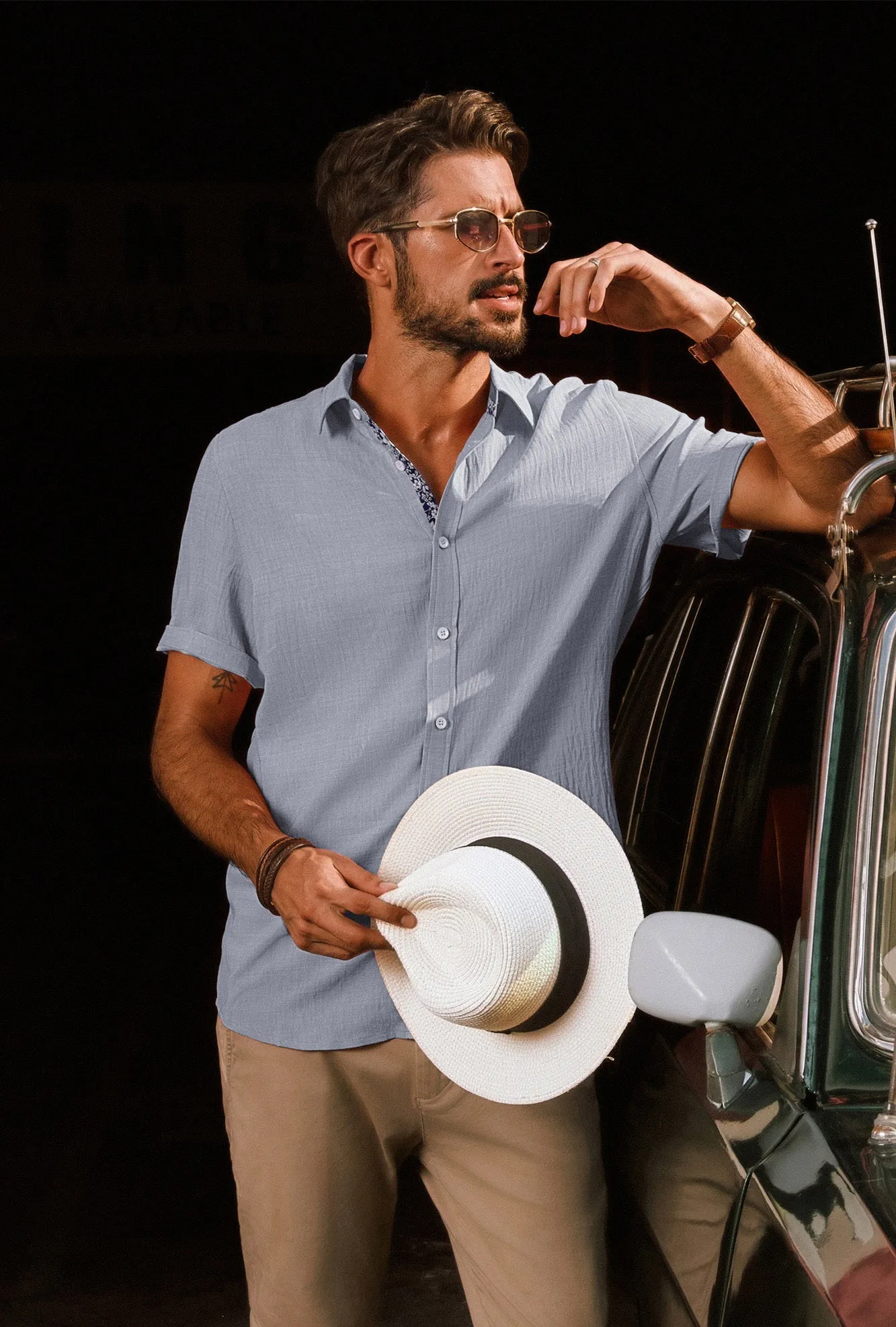 Men Straight Shirt Casual Short Sleeve Lapel Collar Button-up Tops