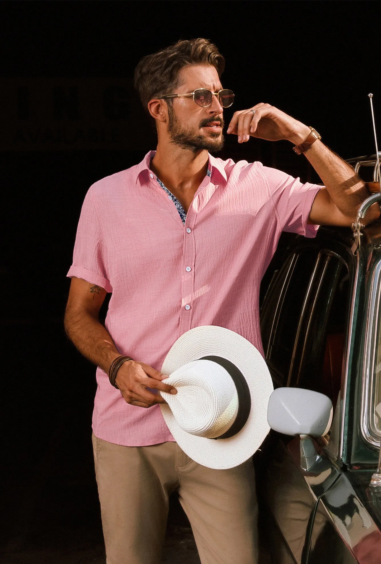 Men Straight Shirt Casual Short Sleeve Lapel Collar Button-up Tops