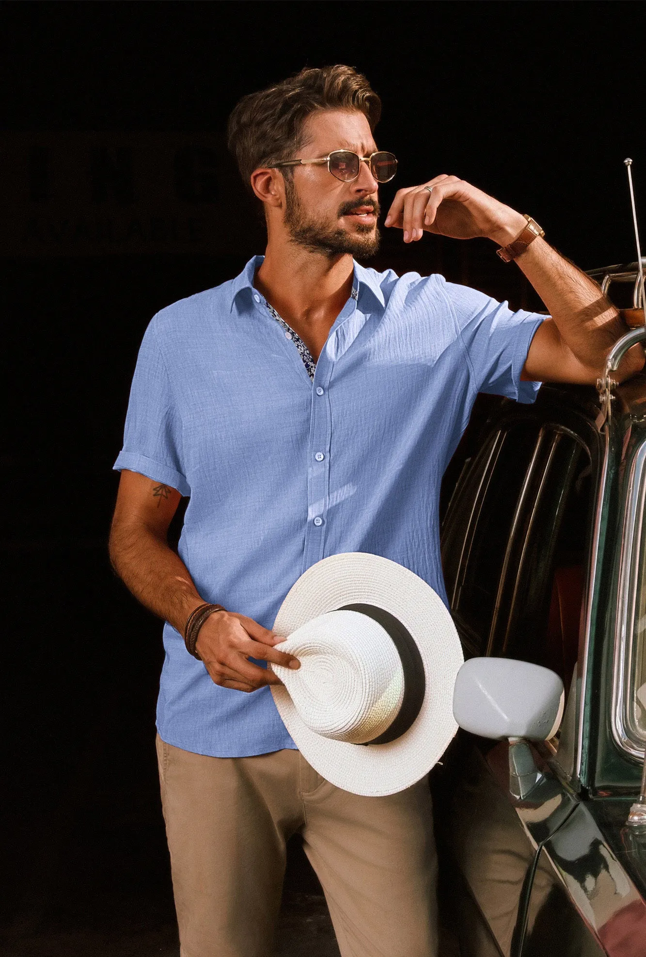 Men Straight Shirt Casual Short Sleeve Lapel Collar Button-up Tops