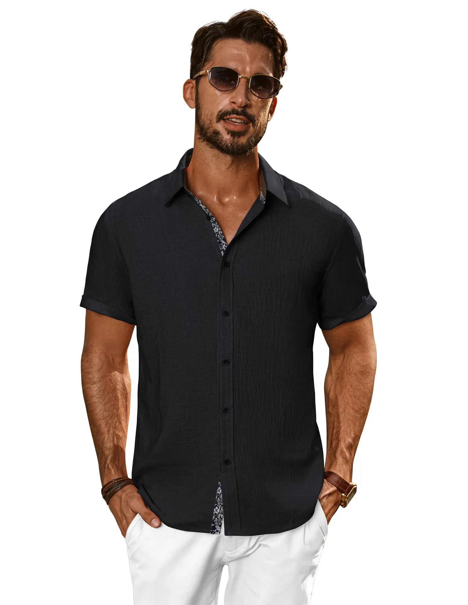 Men Straight Shirt Casual Short Sleeve Lapel Collar Button-up Tops