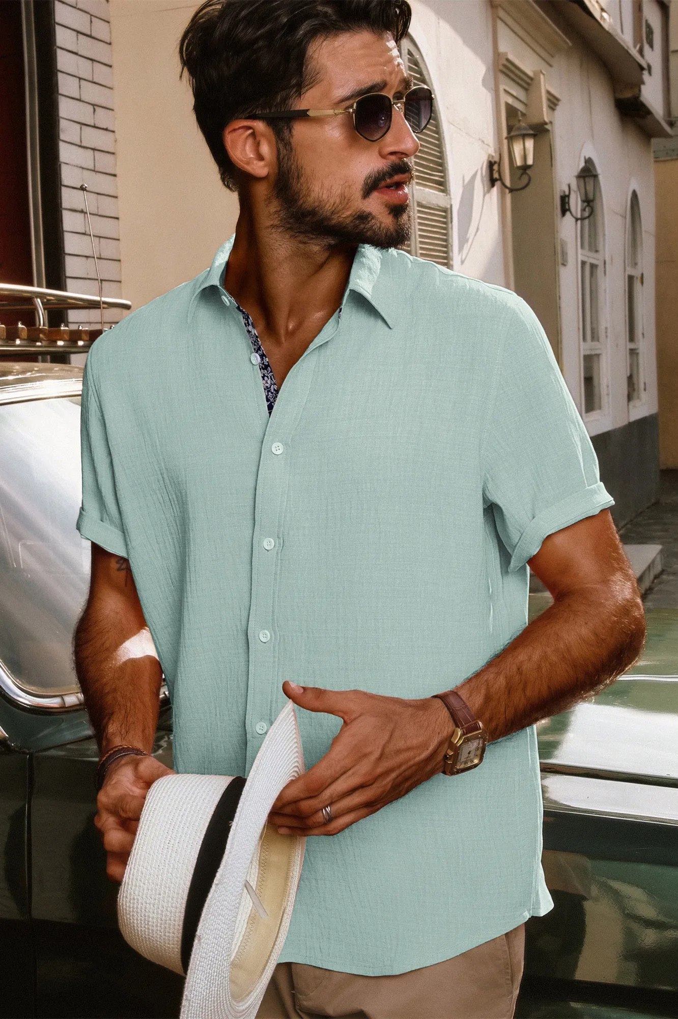 Men Straight Shirt Casual Short Sleeve Lapel Collar Button-up Tops