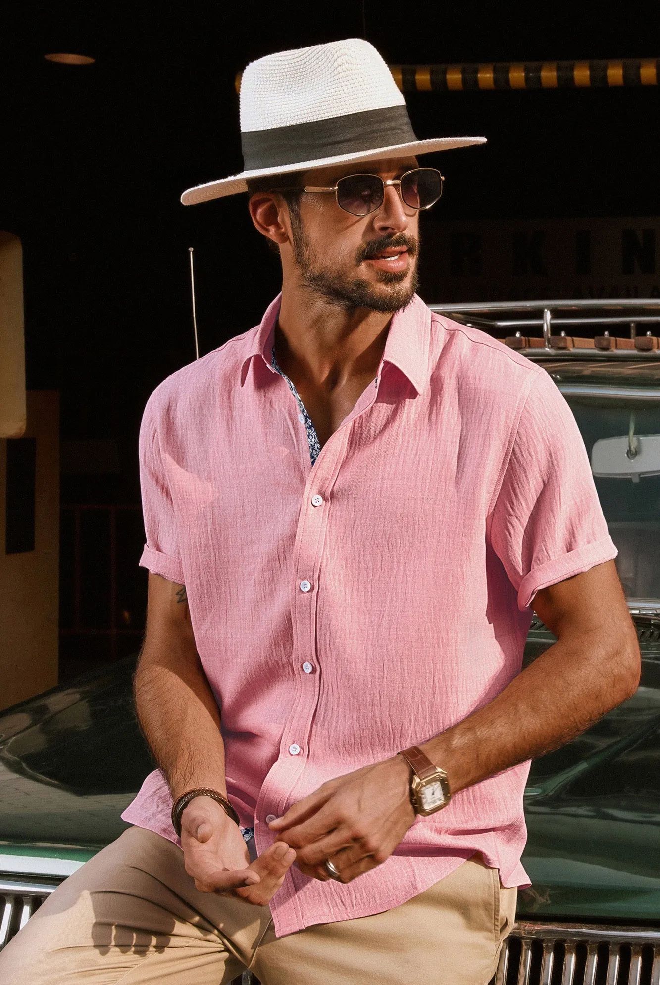 Men Straight Shirt Casual Short Sleeve Lapel Collar Button-up Tops