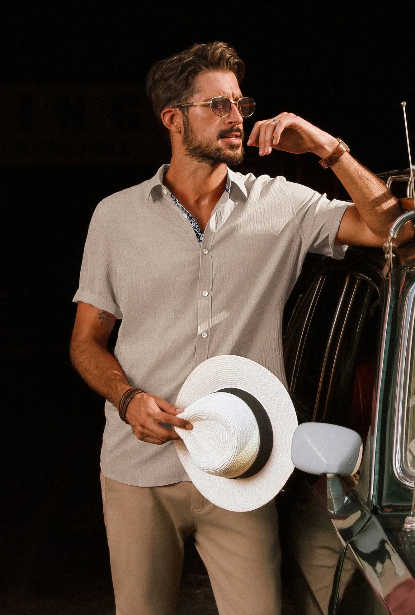 Men Straight Shirt Casual Short Sleeve Lapel Collar Button-up Tops