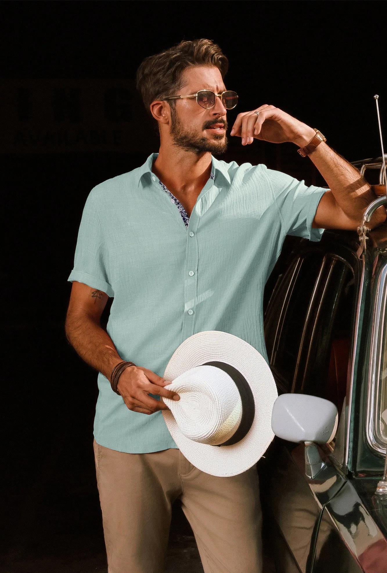 Men Straight Shirt Casual Short Sleeve Lapel Collar Button-up Tops