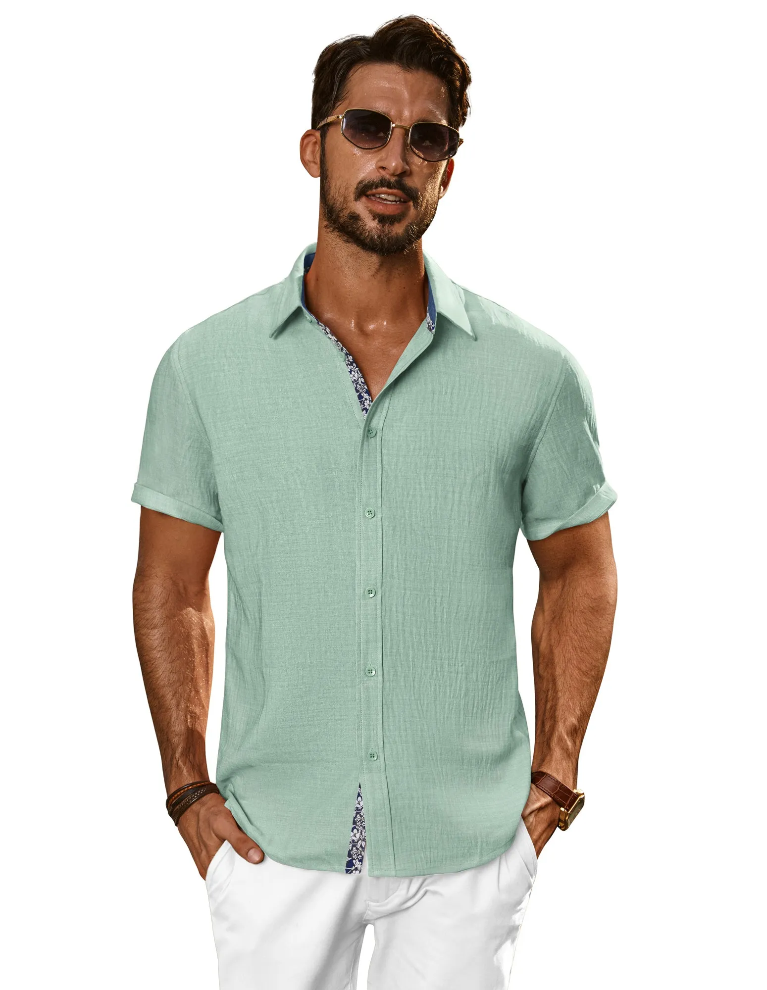 Men Straight Shirt Casual Short Sleeve Lapel Collar Button-up Tops