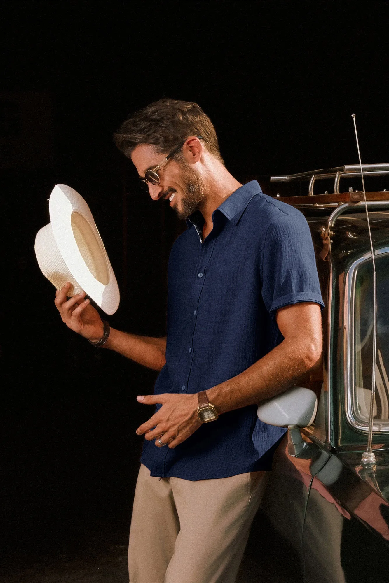 Men Straight Shirt Casual Short Sleeve Lapel Collar Button-up Tops