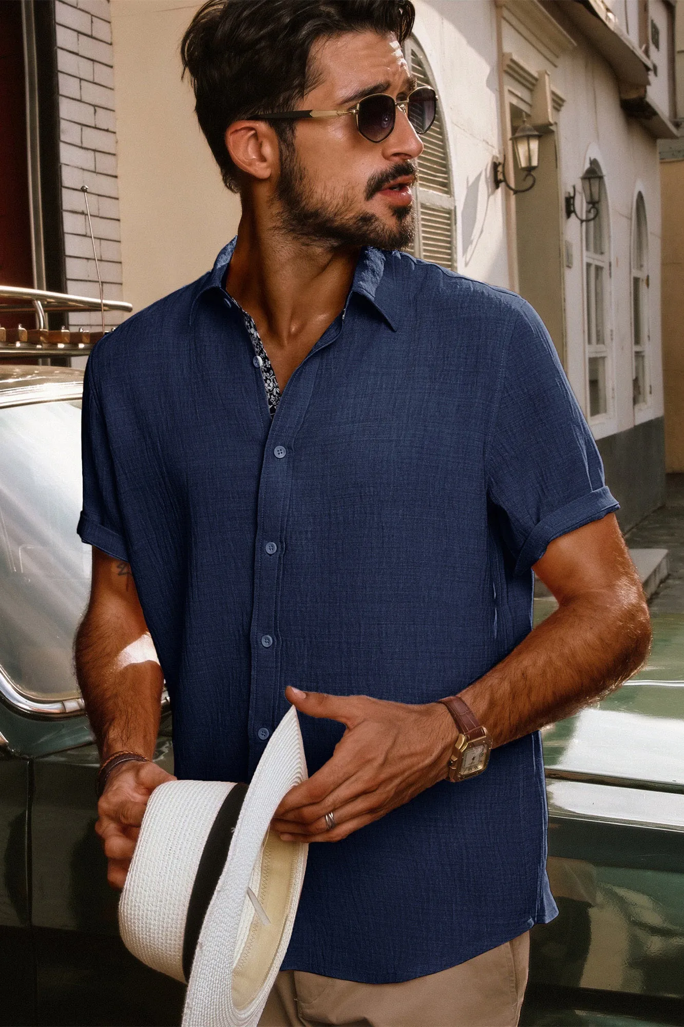 Men Straight Shirt Casual Short Sleeve Lapel Collar Button-up Tops
