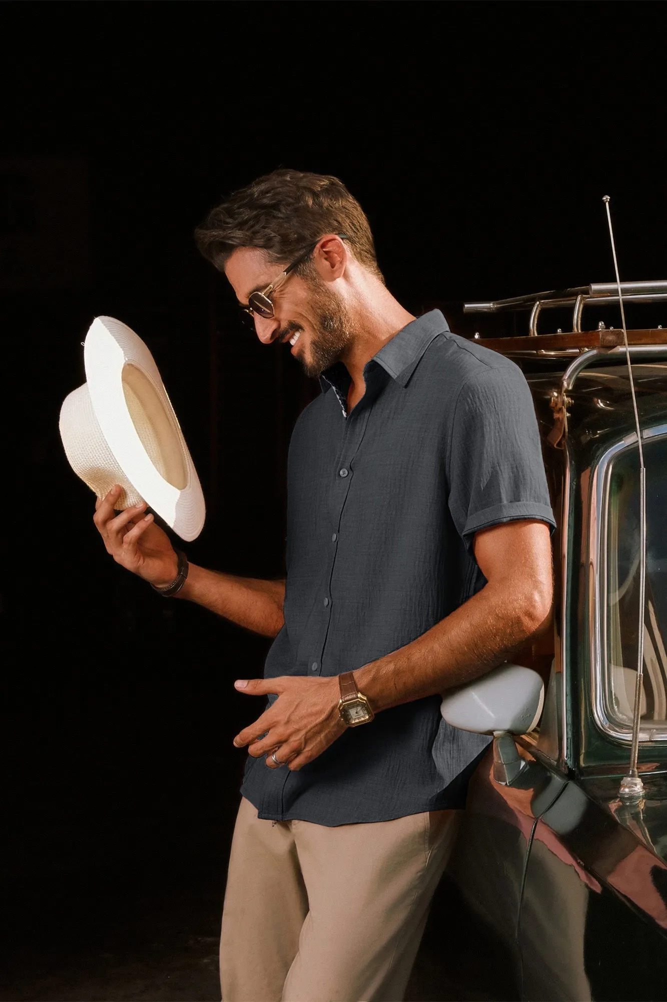 Men Straight Shirt Casual Short Sleeve Lapel Collar Button-up Tops