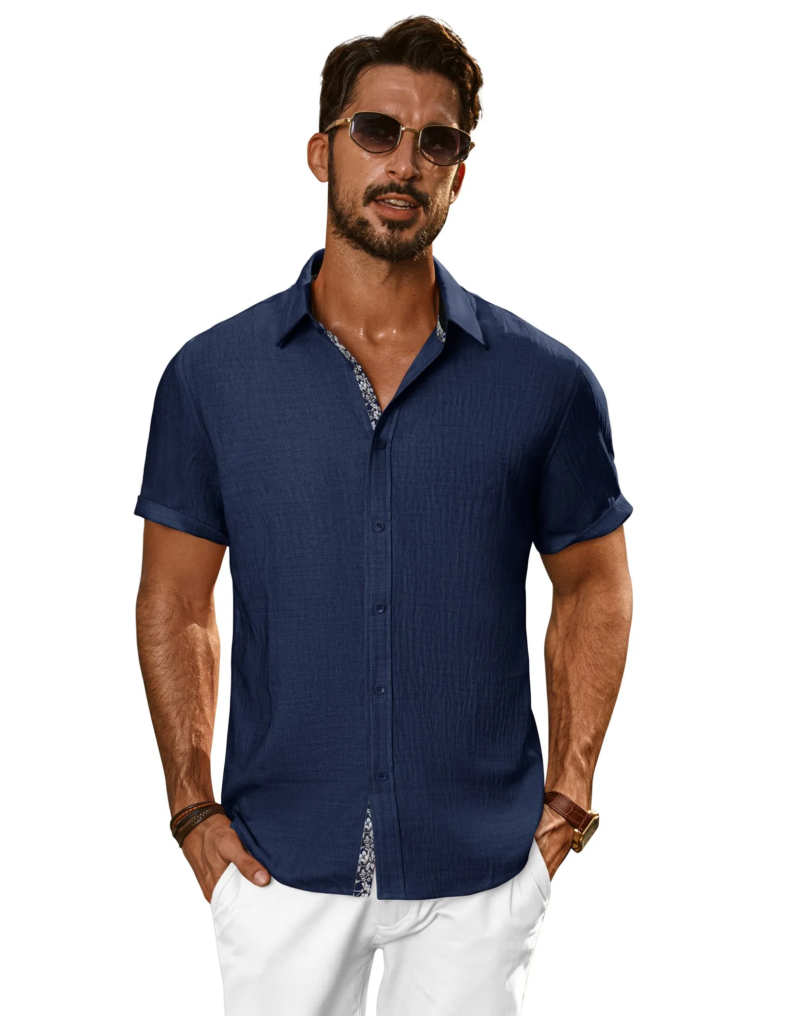 Men Straight Shirt Casual Short Sleeve Lapel Collar Button-up Tops