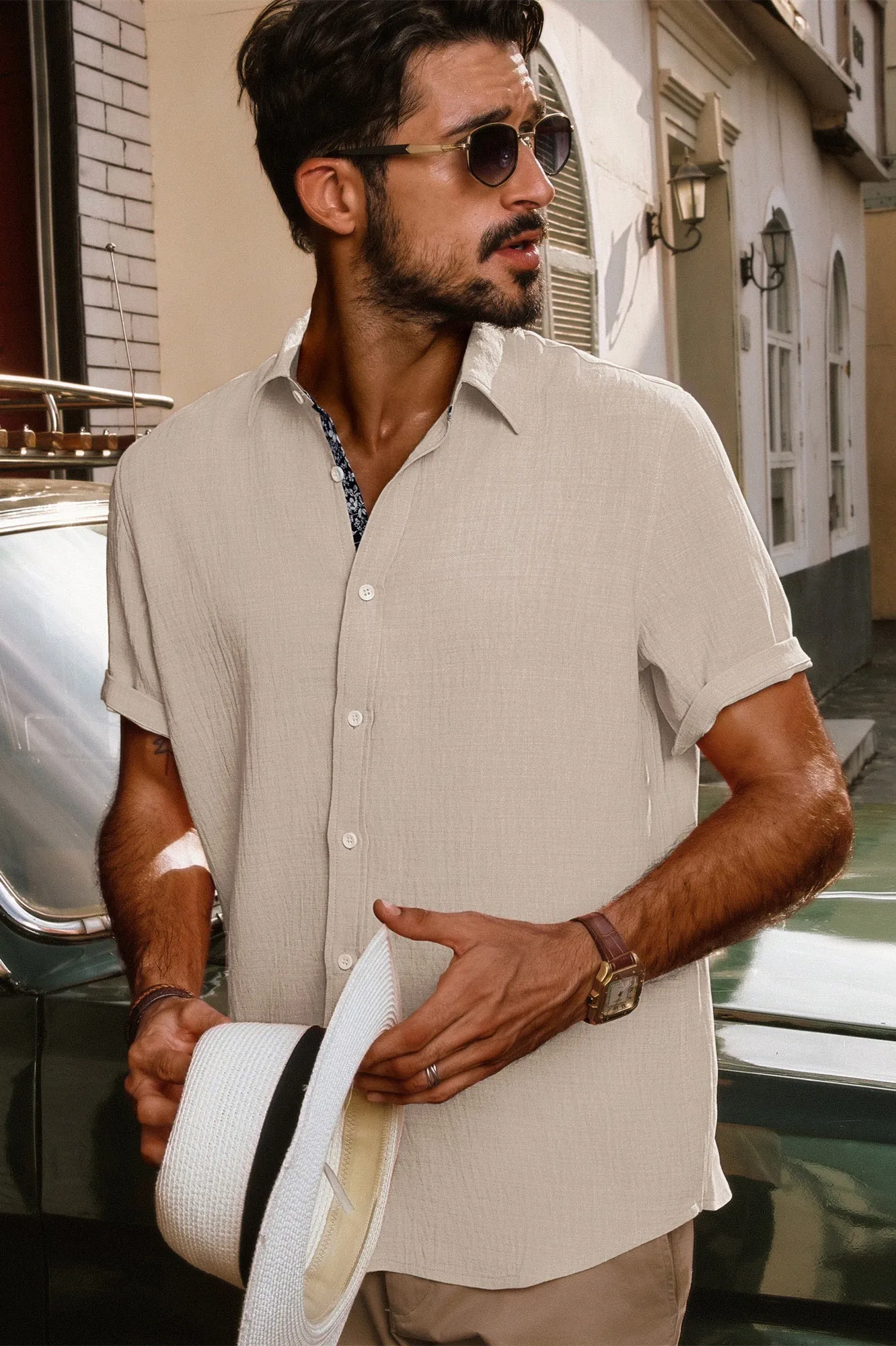 Men Straight Shirt Casual Short Sleeve Lapel Collar Button-up Tops
