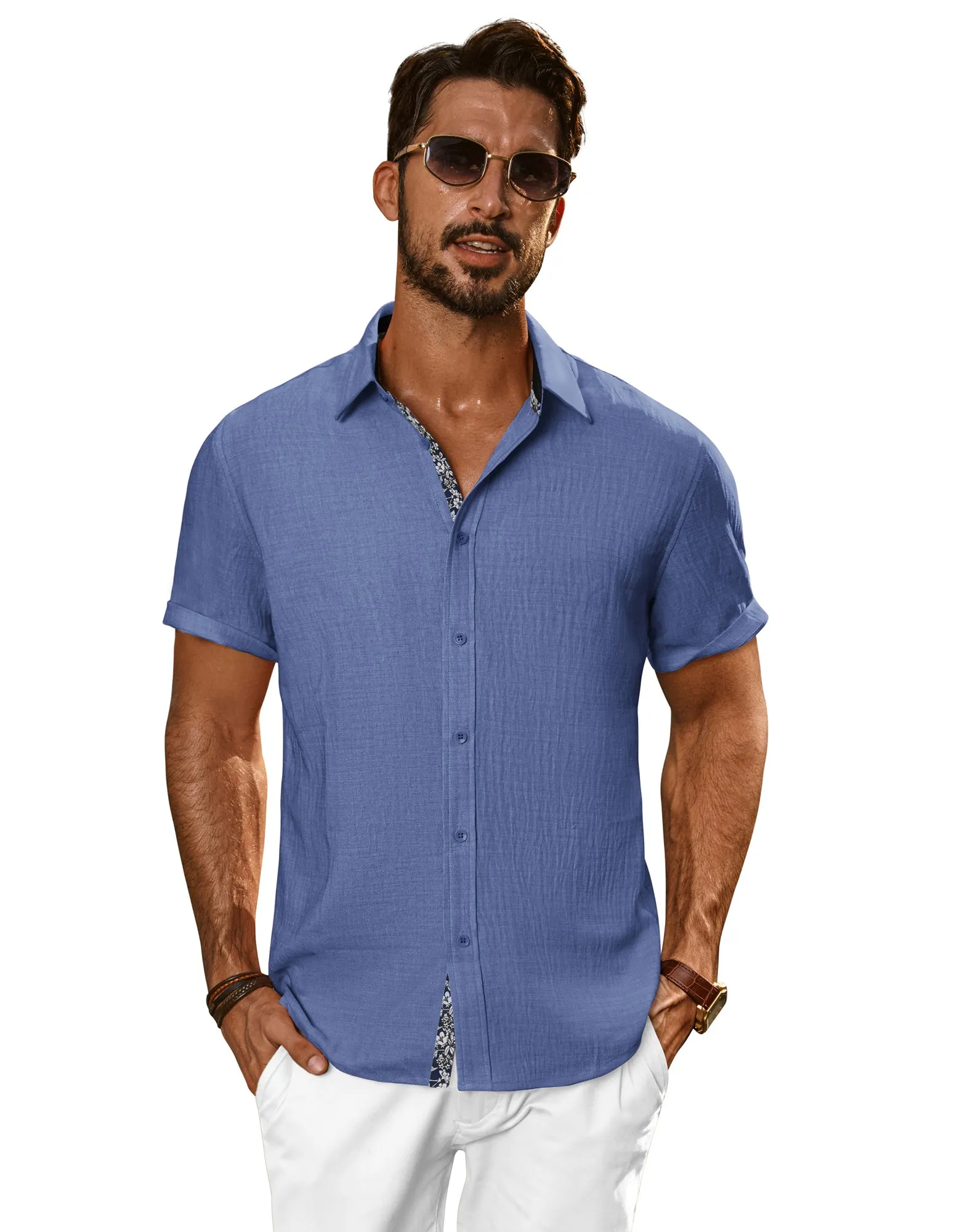 Men Straight Shirt Casual Short Sleeve Lapel Collar Button-up Tops