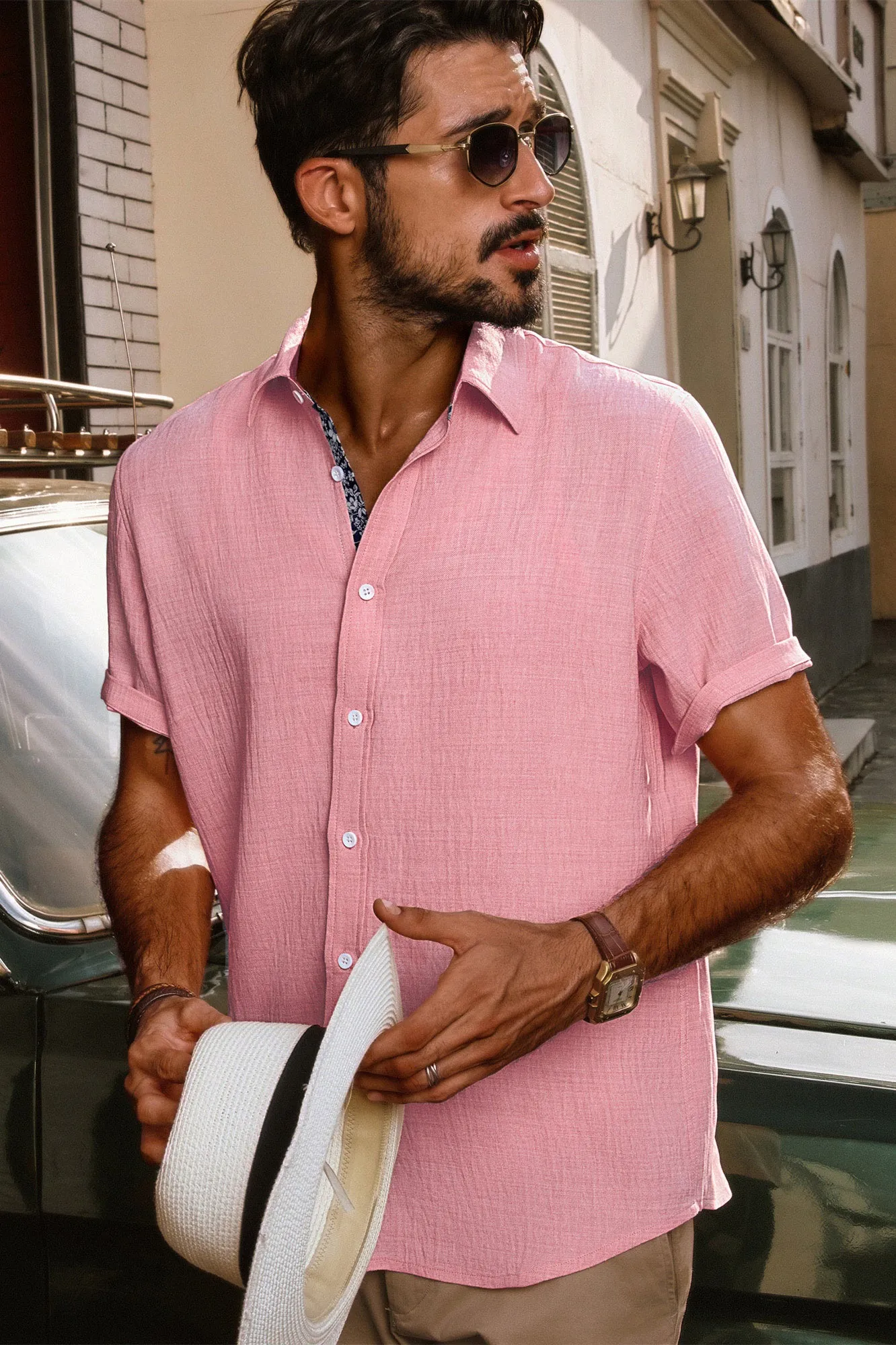 Men Straight Shirt Casual Short Sleeve Lapel Collar Button-up Tops