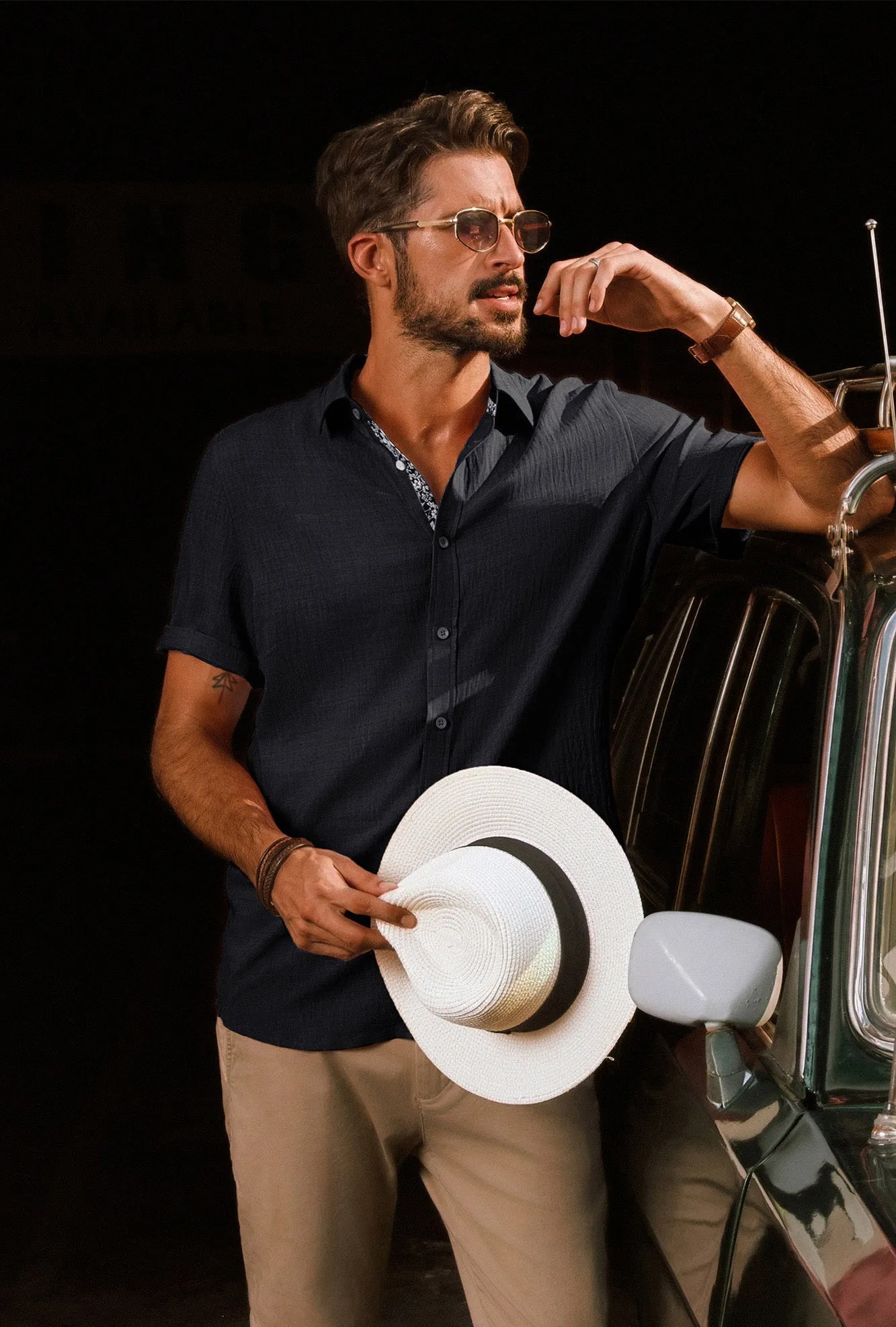 Men Straight Shirt Casual Short Sleeve Lapel Collar Button-up Tops