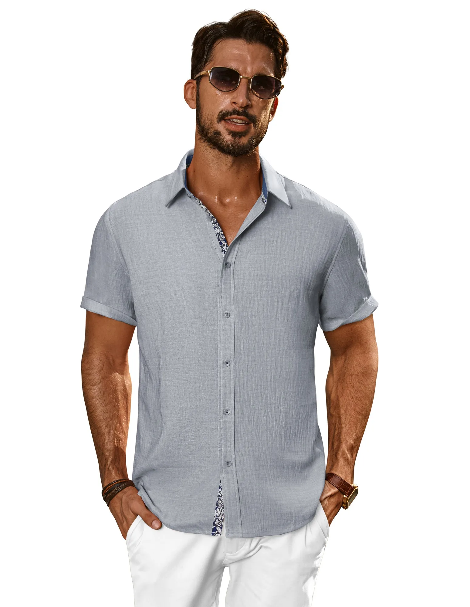 Men Straight Shirt Casual Short Sleeve Lapel Collar Button-up Tops