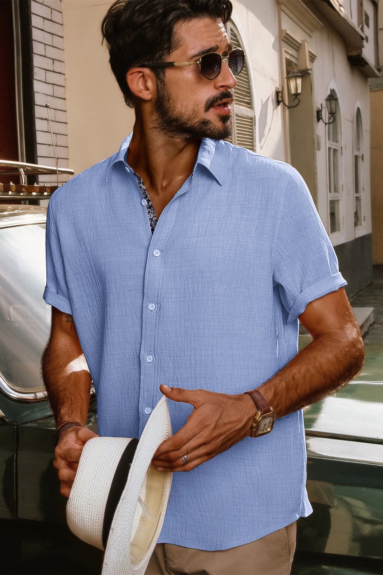 Men Straight Shirt Casual Short Sleeve Lapel Collar Button-up Tops