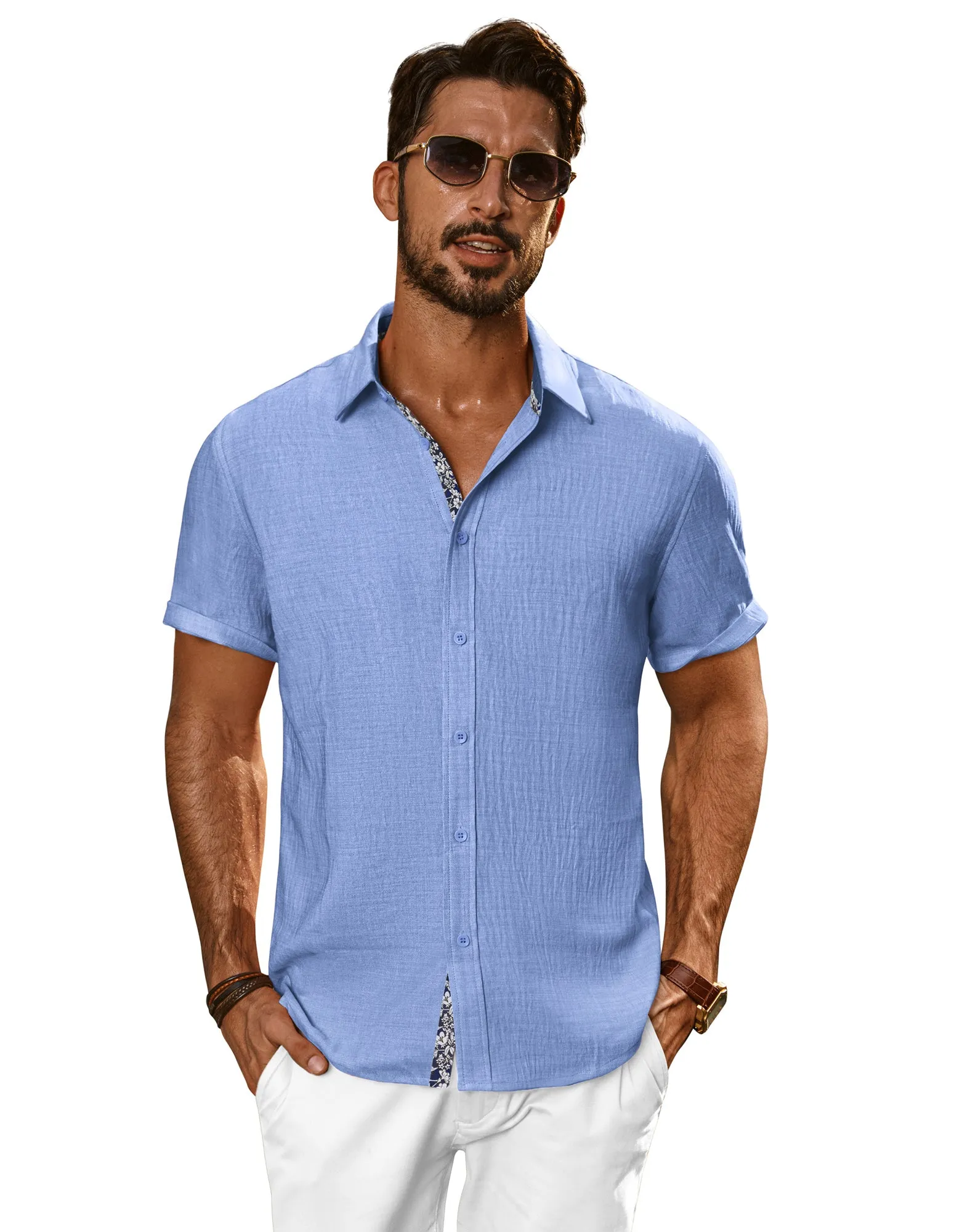 Men Straight Shirt Casual Short Sleeve Lapel Collar Button-up Tops