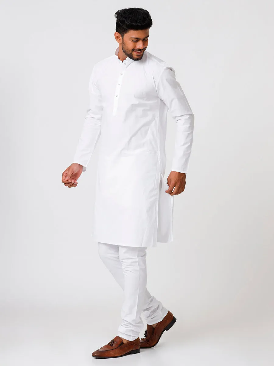 Mens Premium Cotton Long Full Sleeves Kurta and Pyjama Set White