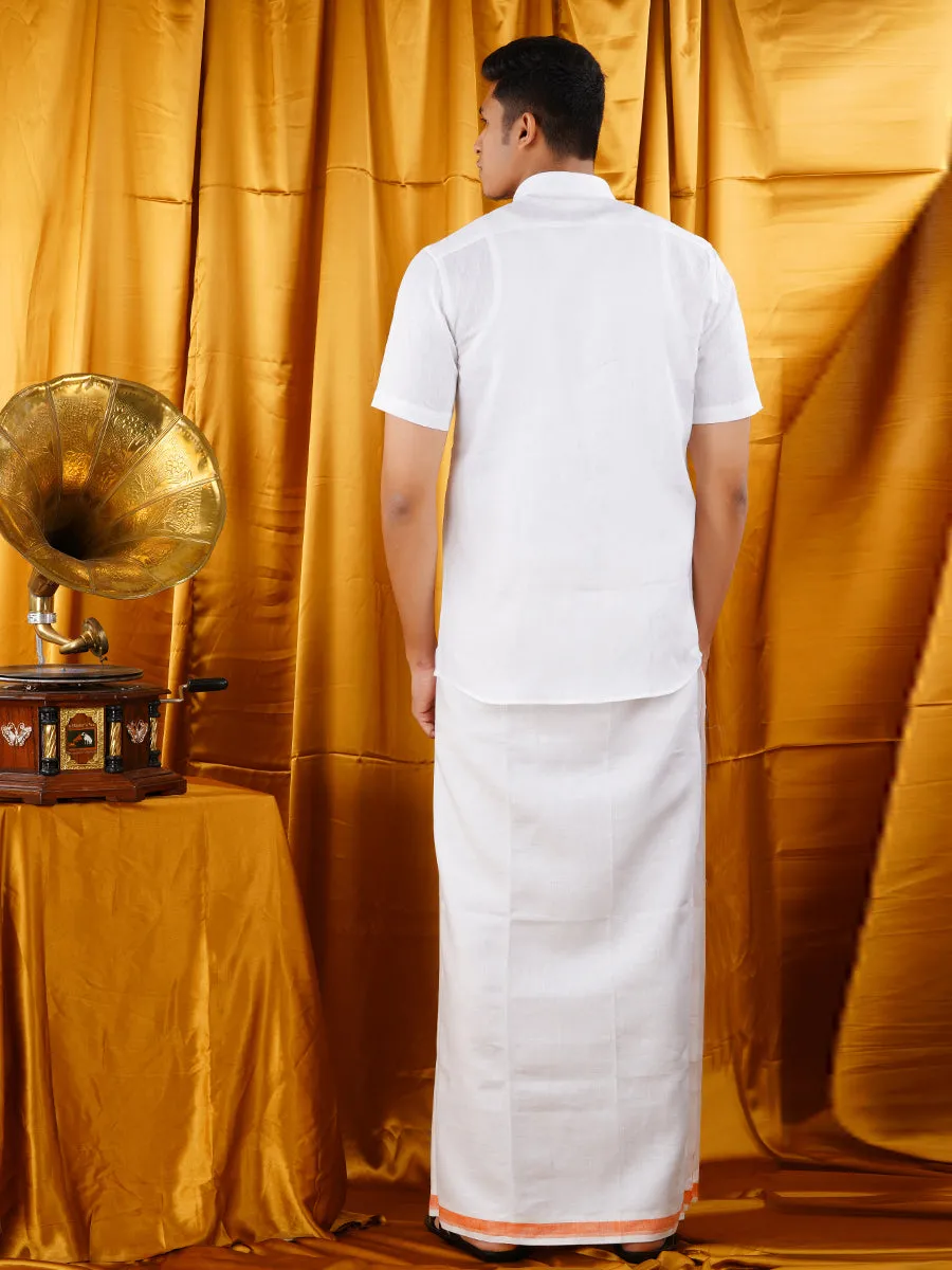 Mens Premium Pure Linen Shirt Half Sleeve with Double Dhoti White 770
