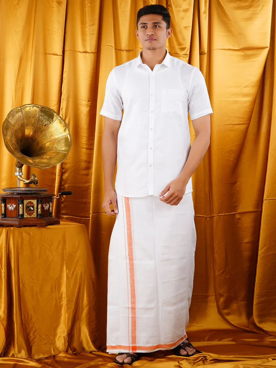 Mens Premium Pure Linen Shirt Half Sleeve with Double Dhoti White 770