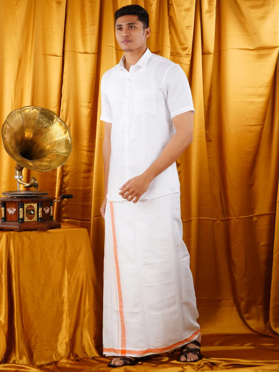 Mens Premium Pure Linen Shirt Half Sleeve with Double Dhoti White 770