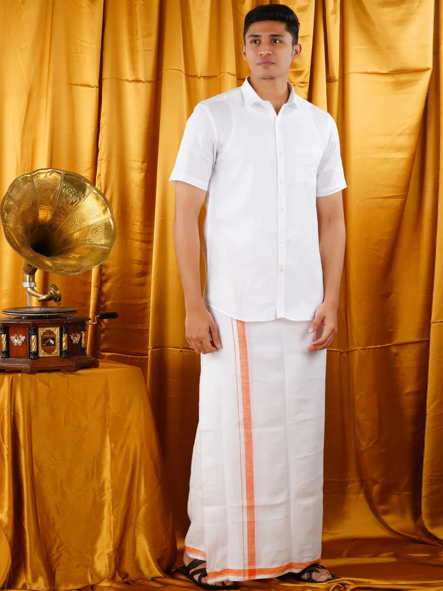 Mens Premium Pure Linen Shirt Half Sleeve with Double Dhoti White 770