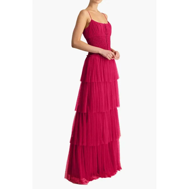 ML MONIQUE LHUILLIER Tiered Point D'esprit Maxi Dress 12 Fuchsia Sleeveless NWT