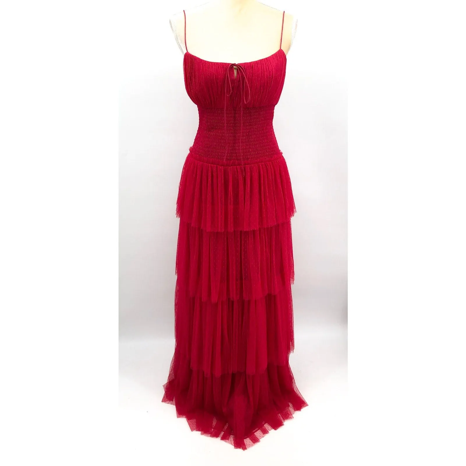 ML MONIQUE LHUILLIER Tiered Point D'esprit Maxi Dress 12 Fuchsia Sleeveless NWT