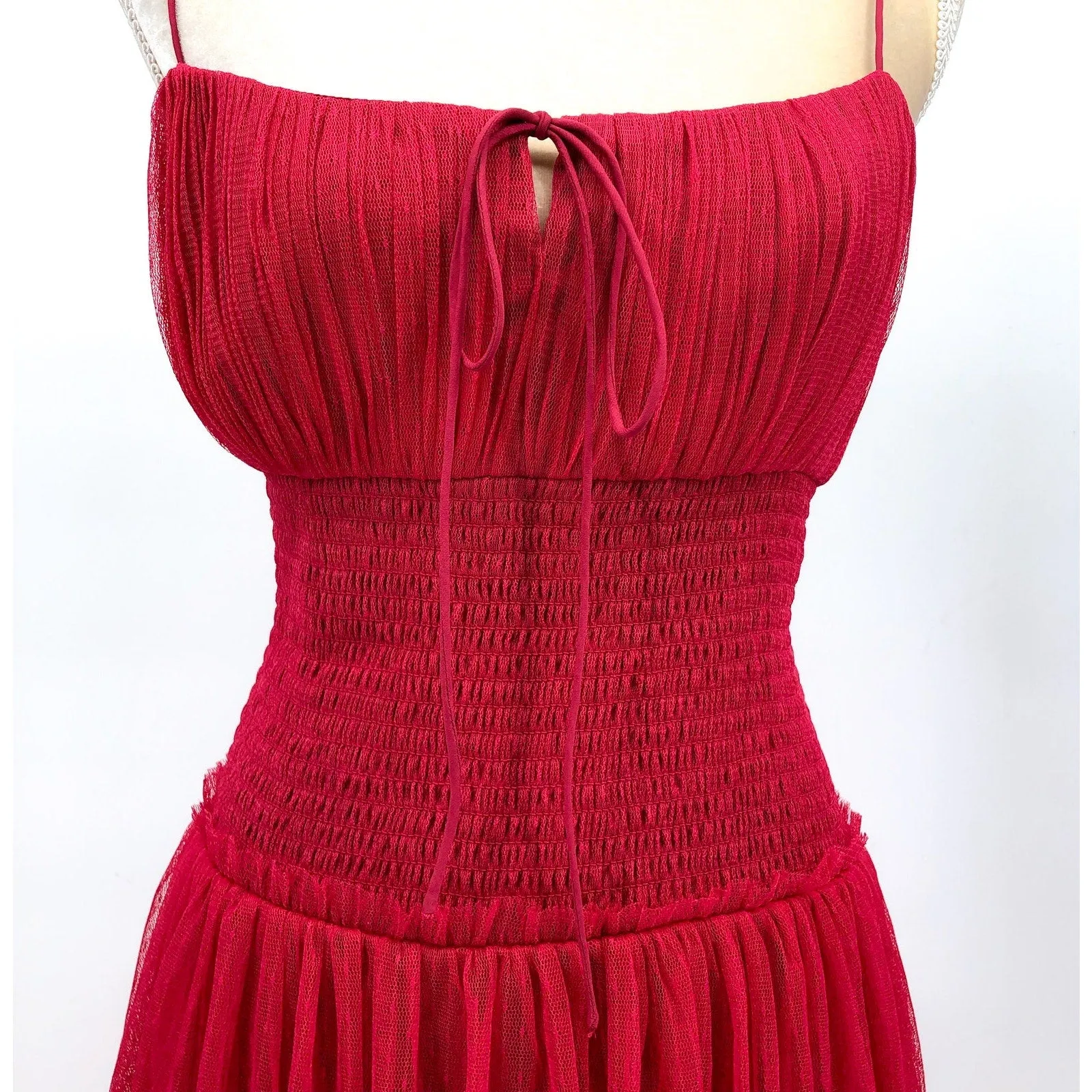ML MONIQUE LHUILLIER Tiered Point D'esprit Maxi Dress 12 Fuchsia Sleeveless NWT