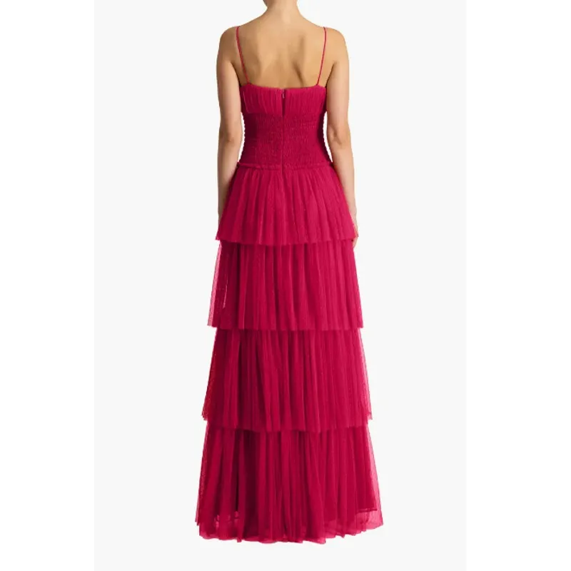 ML MONIQUE LHUILLIER Tiered Point D'esprit Maxi Dress 12 Fuchsia Sleeveless NWT