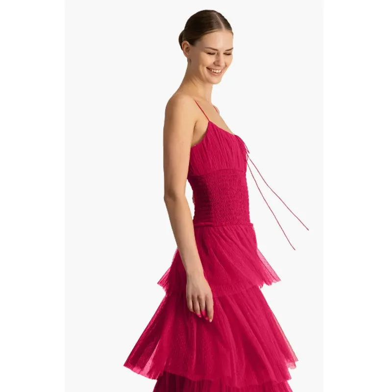 ML MONIQUE LHUILLIER Tiered Point D'esprit Maxi Dress 12 Fuchsia Sleeveless NWT