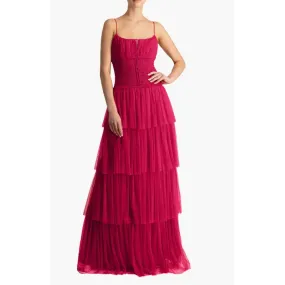 ML MONIQUE LHUILLIER Tiered Point D'esprit Maxi Dress 12 Fuchsia Sleeveless NWT