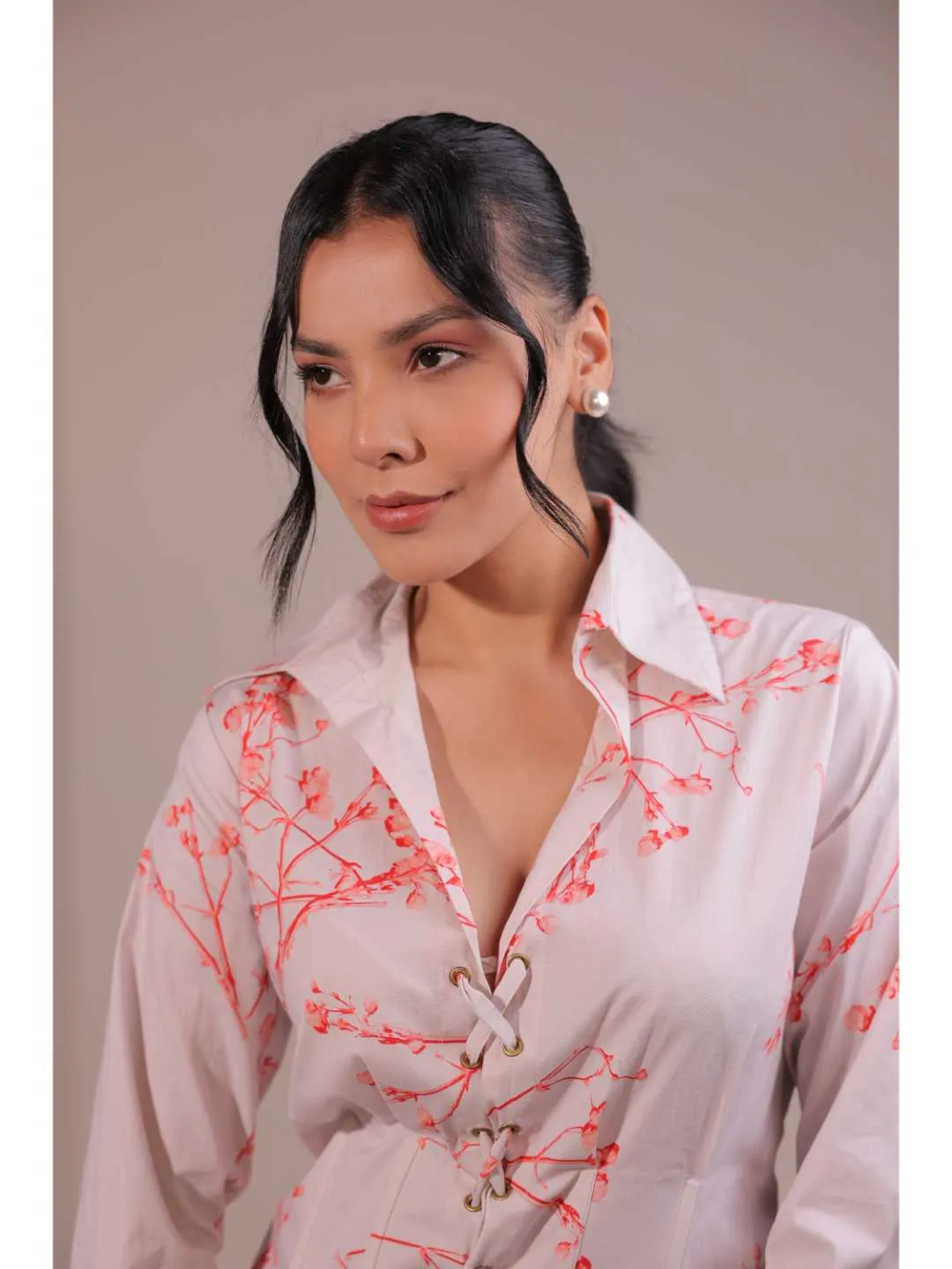 modish cotton lycra floral printed shirt collar corset with front rivets tie-up , full cuff sleeve top . -Off White