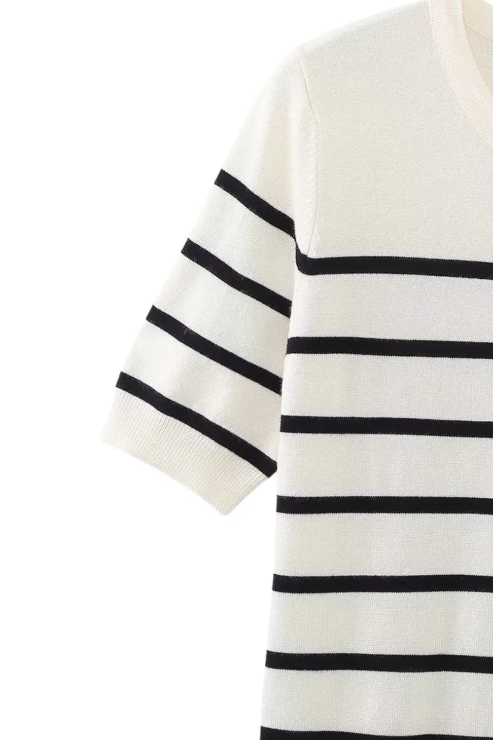 ‘Nataliya’ Stripe Short Sleeve Round Neck Basic Knit Sweater Top