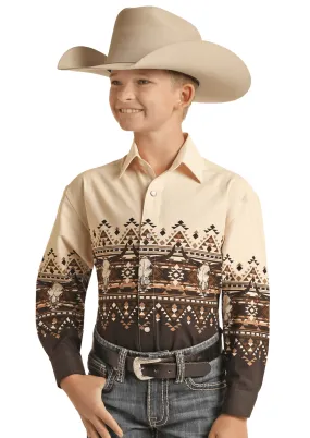Panhandle Boy's Aztec Border Natural Snap Long Sleeve Western Shirt PHBSOSRZ1U