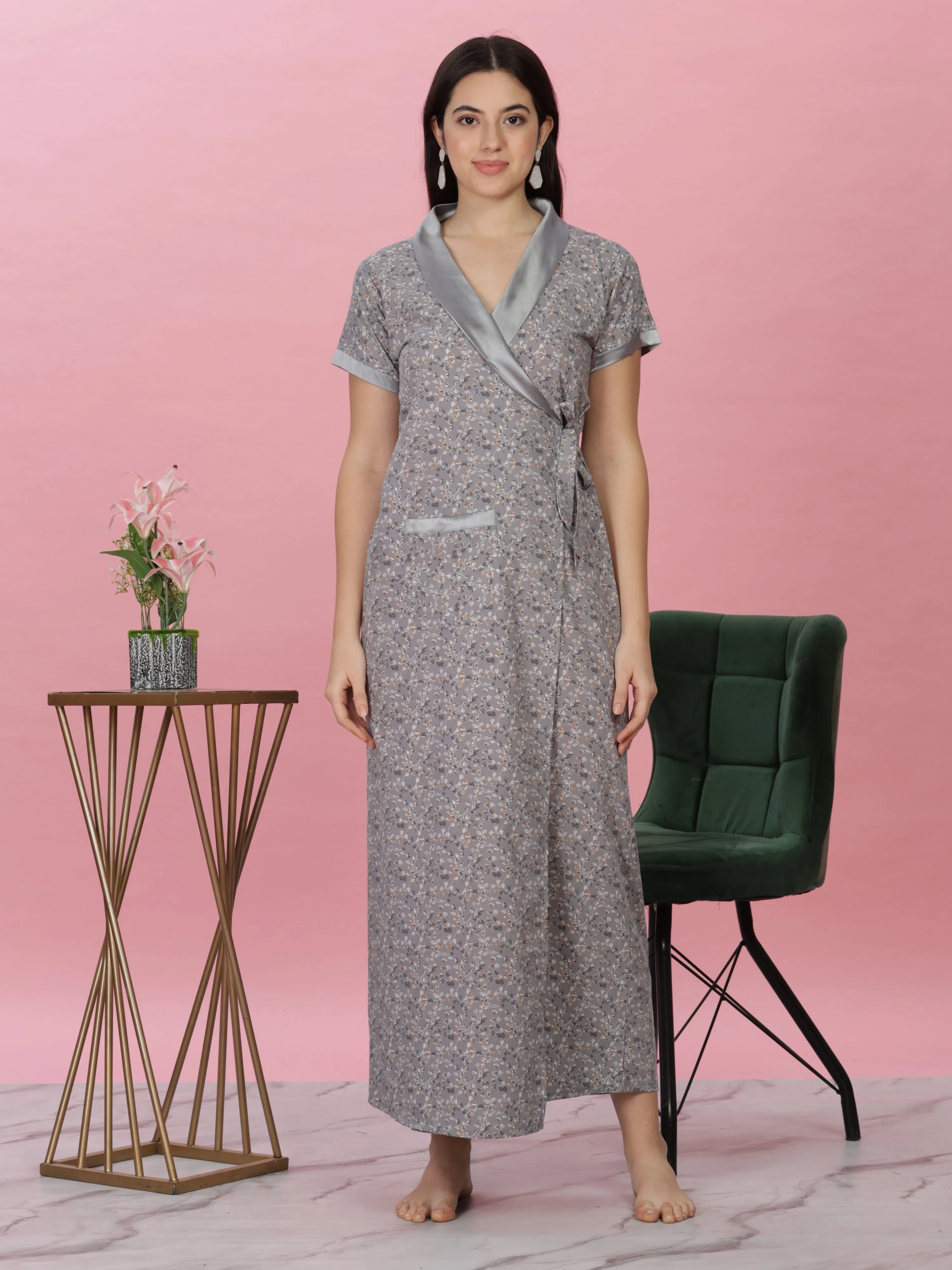 Pastel Grey Wrap Nightdress - Floral House Coat for Elegant Lounging