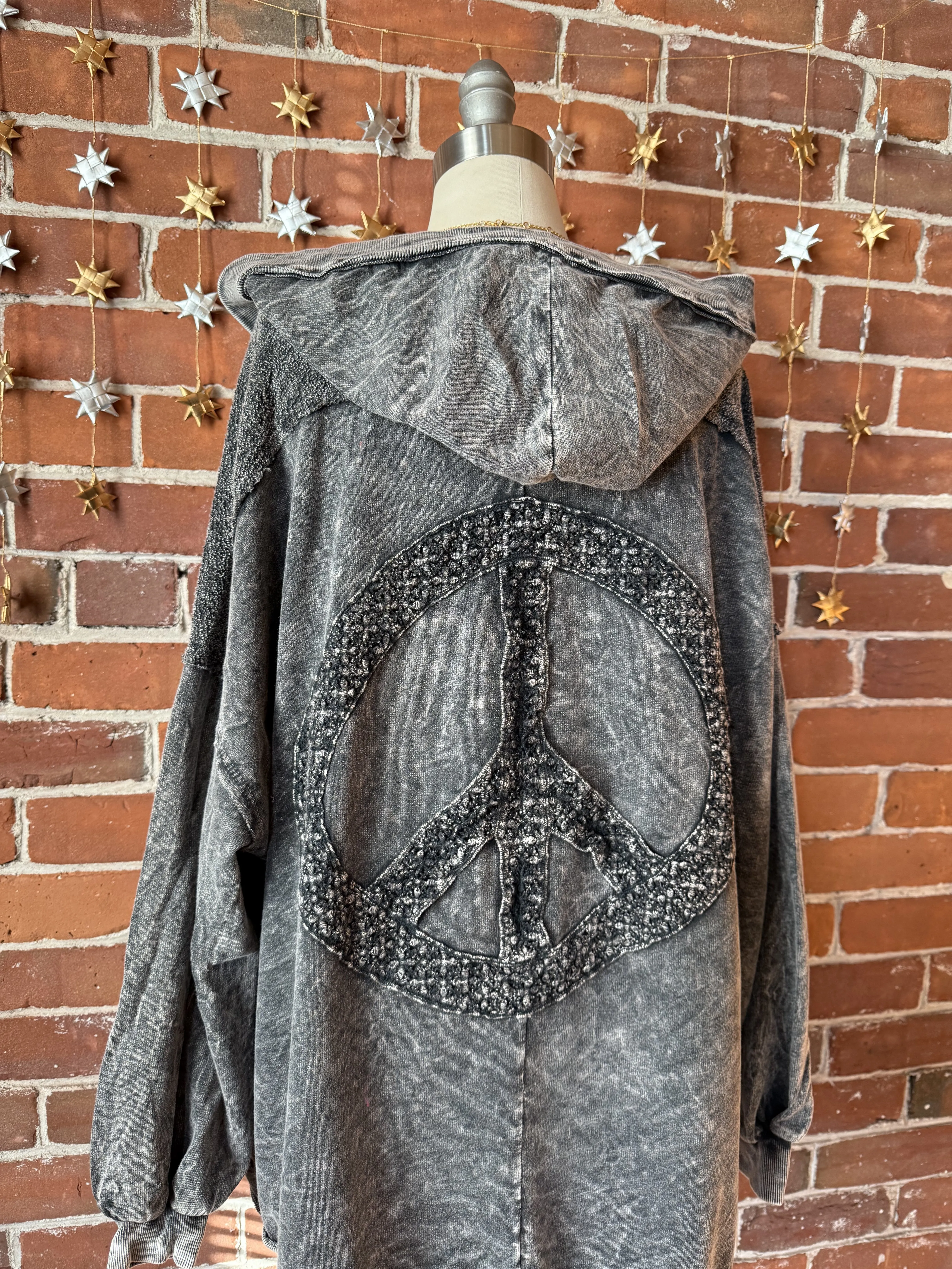 Peace Patch Mineral Wash Cardigan Hoodie - Ash