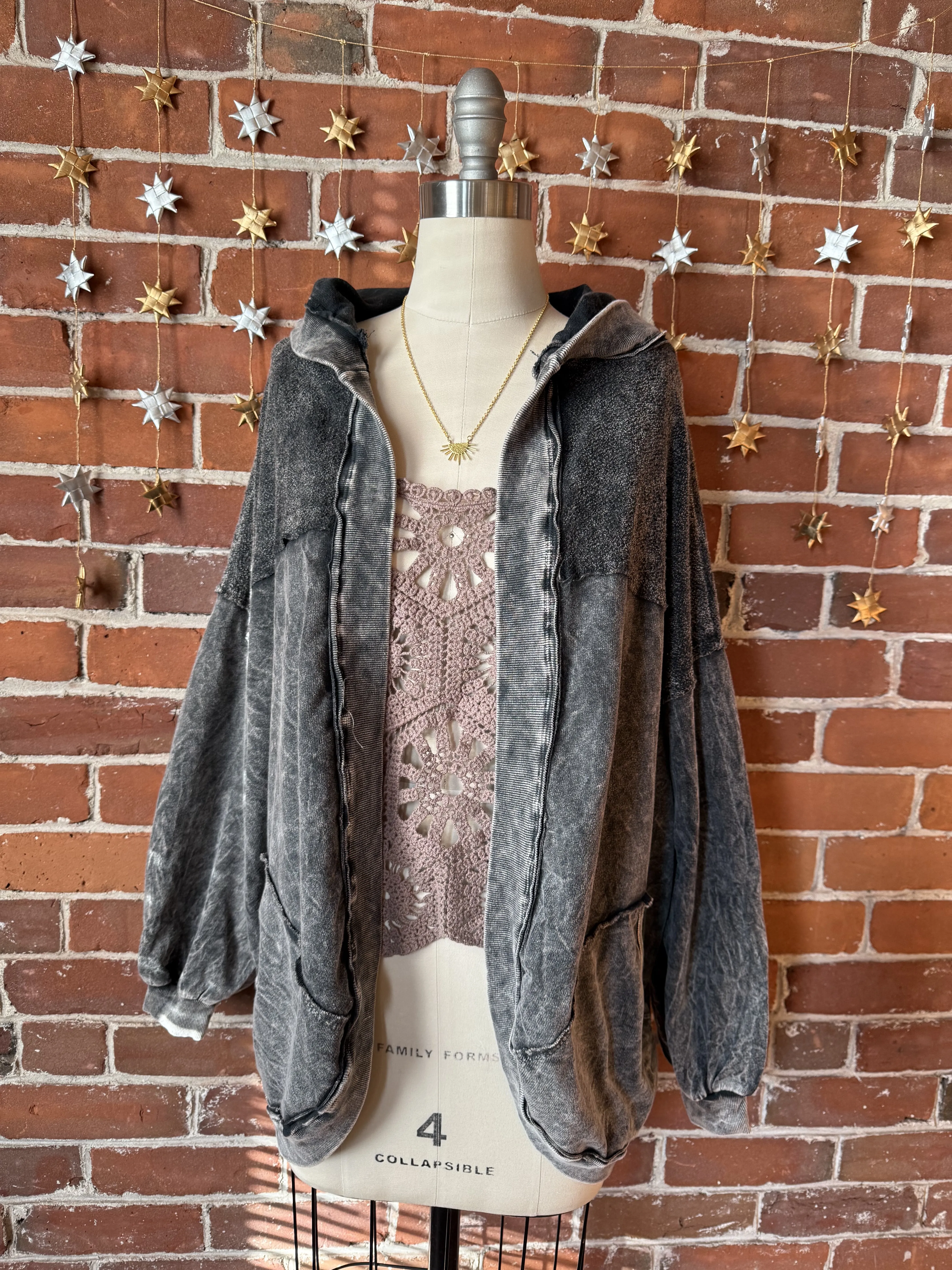 Peace Patch Mineral Wash Cardigan Hoodie - Ash