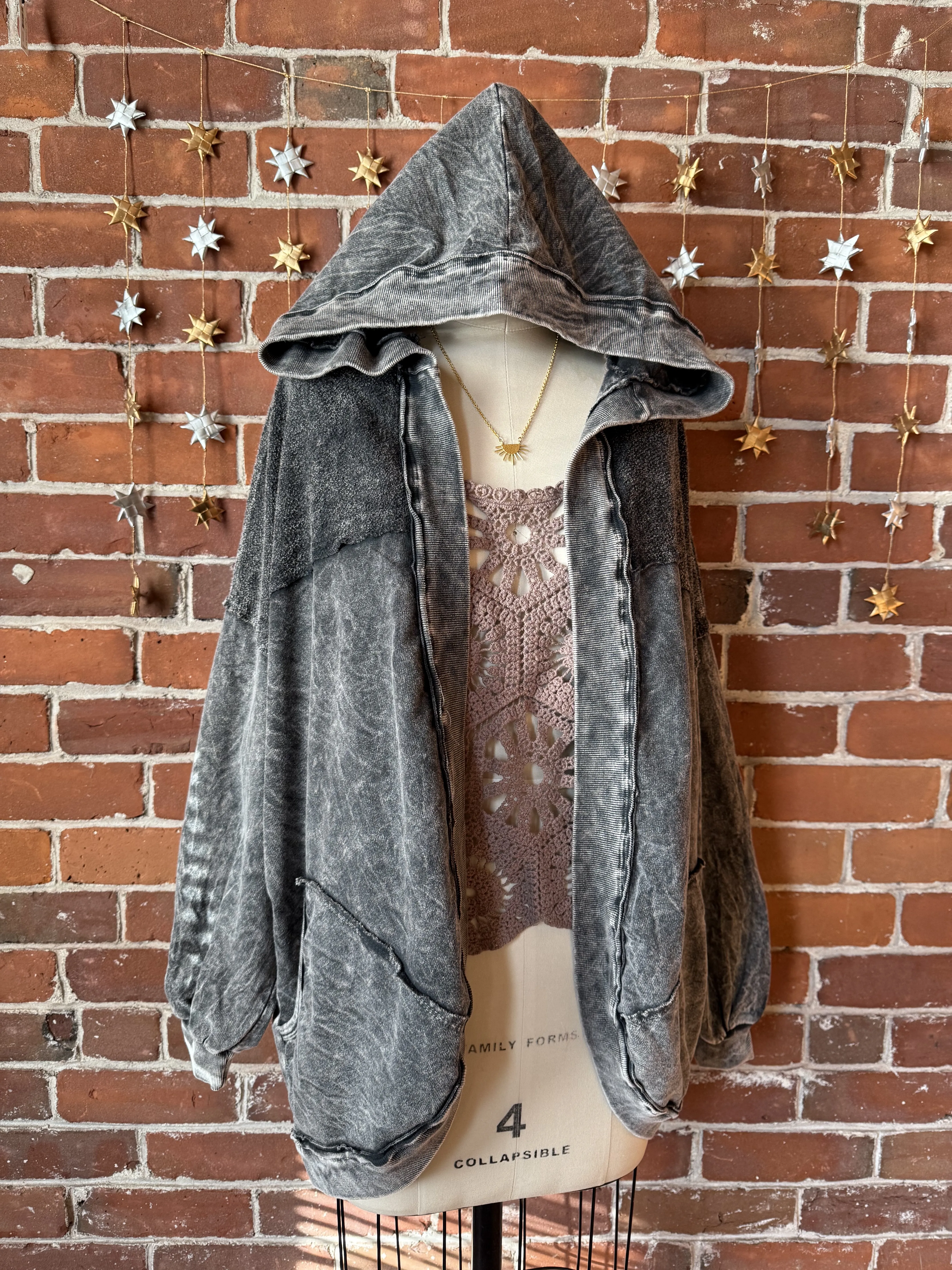 Peace Patch Mineral Wash Cardigan Hoodie - Ash