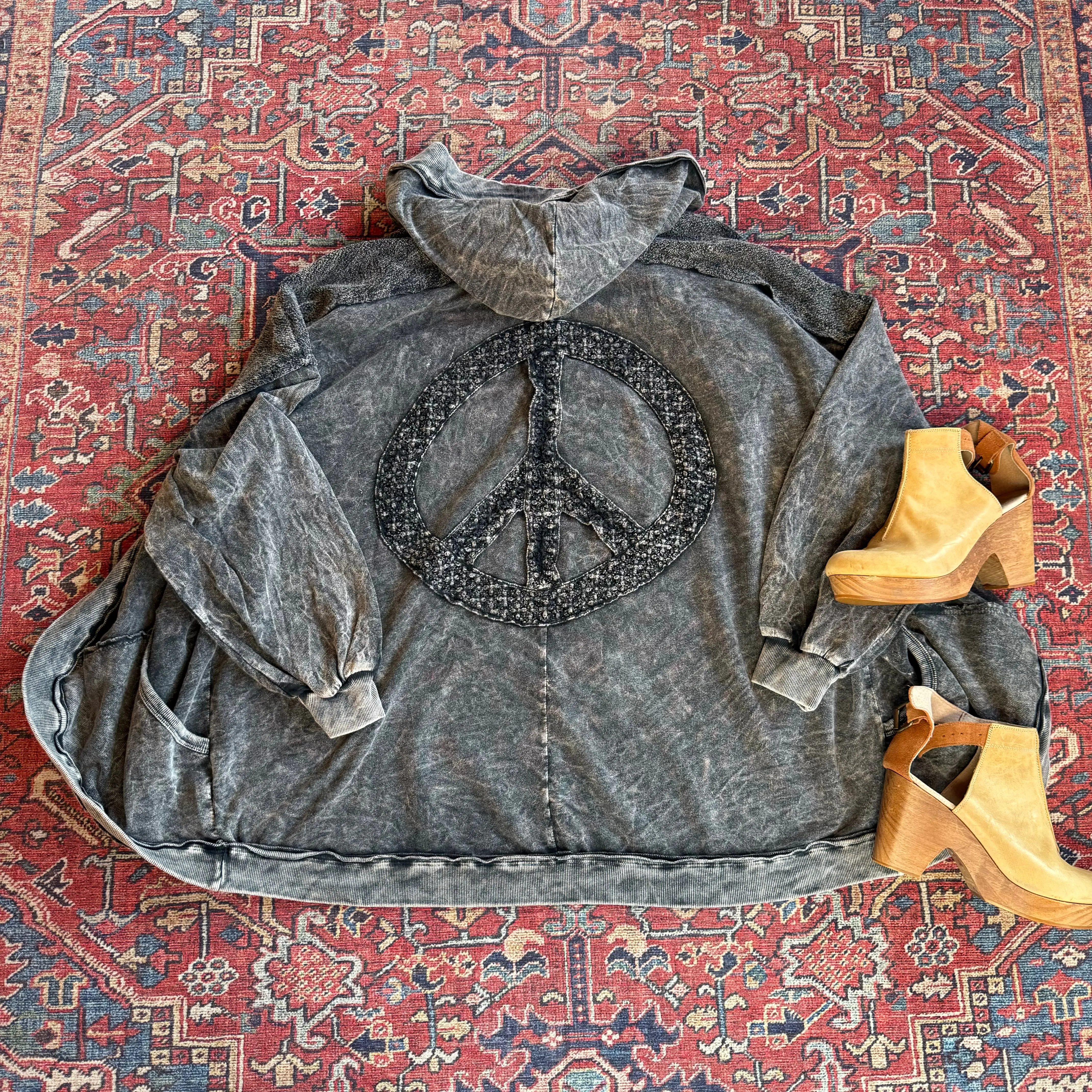 Peace Patch Mineral Wash Cardigan Hoodie - Ash