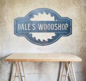 Personalized Woodshop Name Sign - Vintage Metal Workshop Decor - Man Cave Garage Wall Art