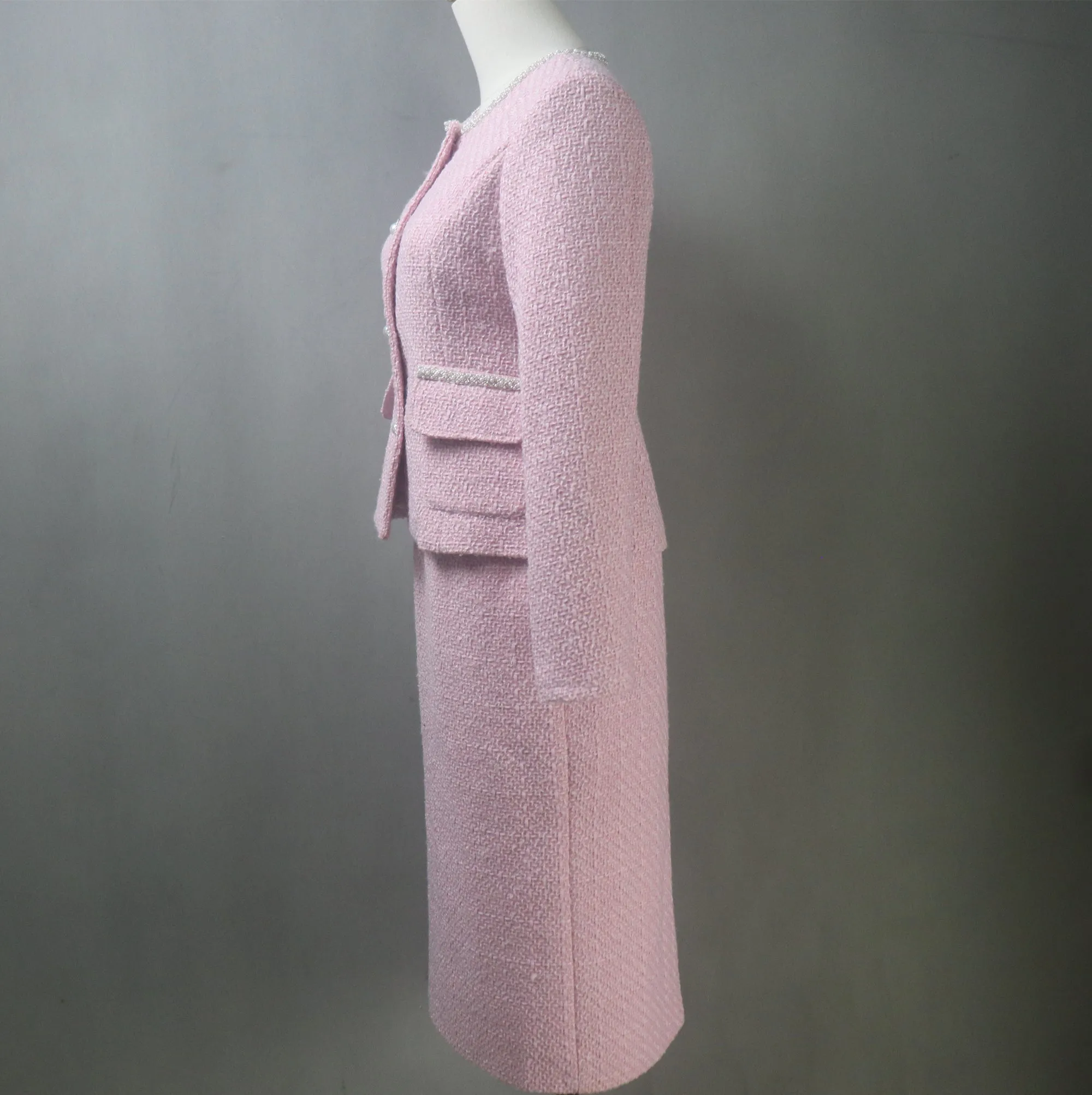 Pink Tweed Long Skirt Suit with Pearl Trim & Buttons