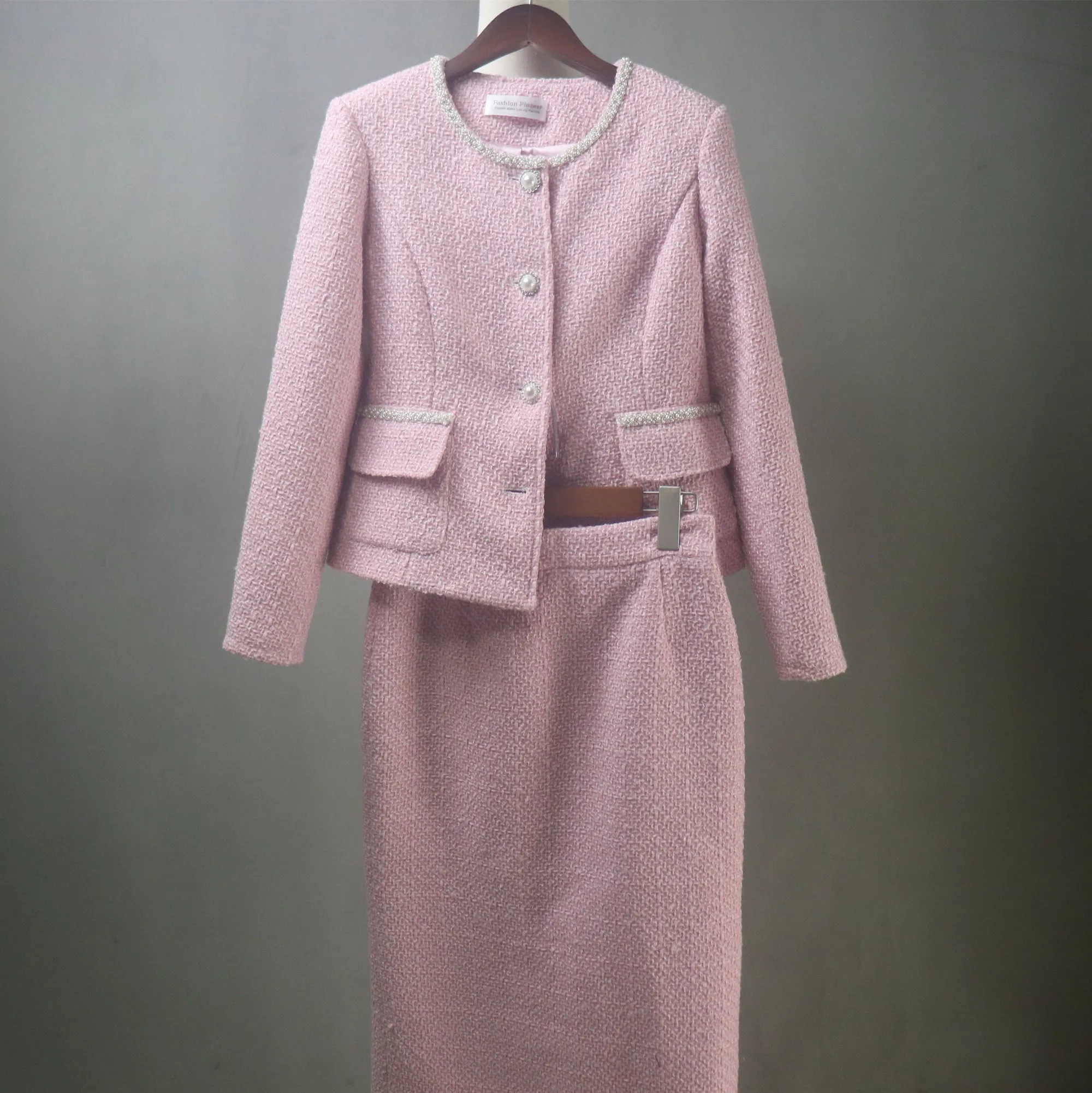 Pink Tweed Long Skirt Suit with Pearl Trim & Buttons