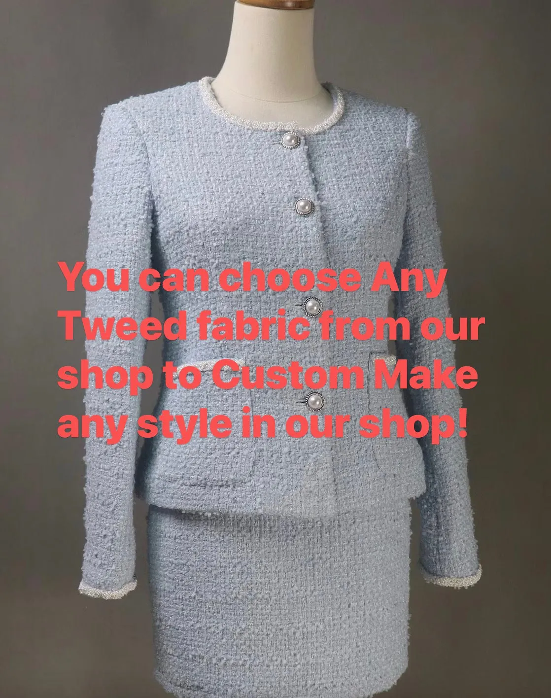Pink Tweed Long Skirt Suit with Pearl Trim & Buttons