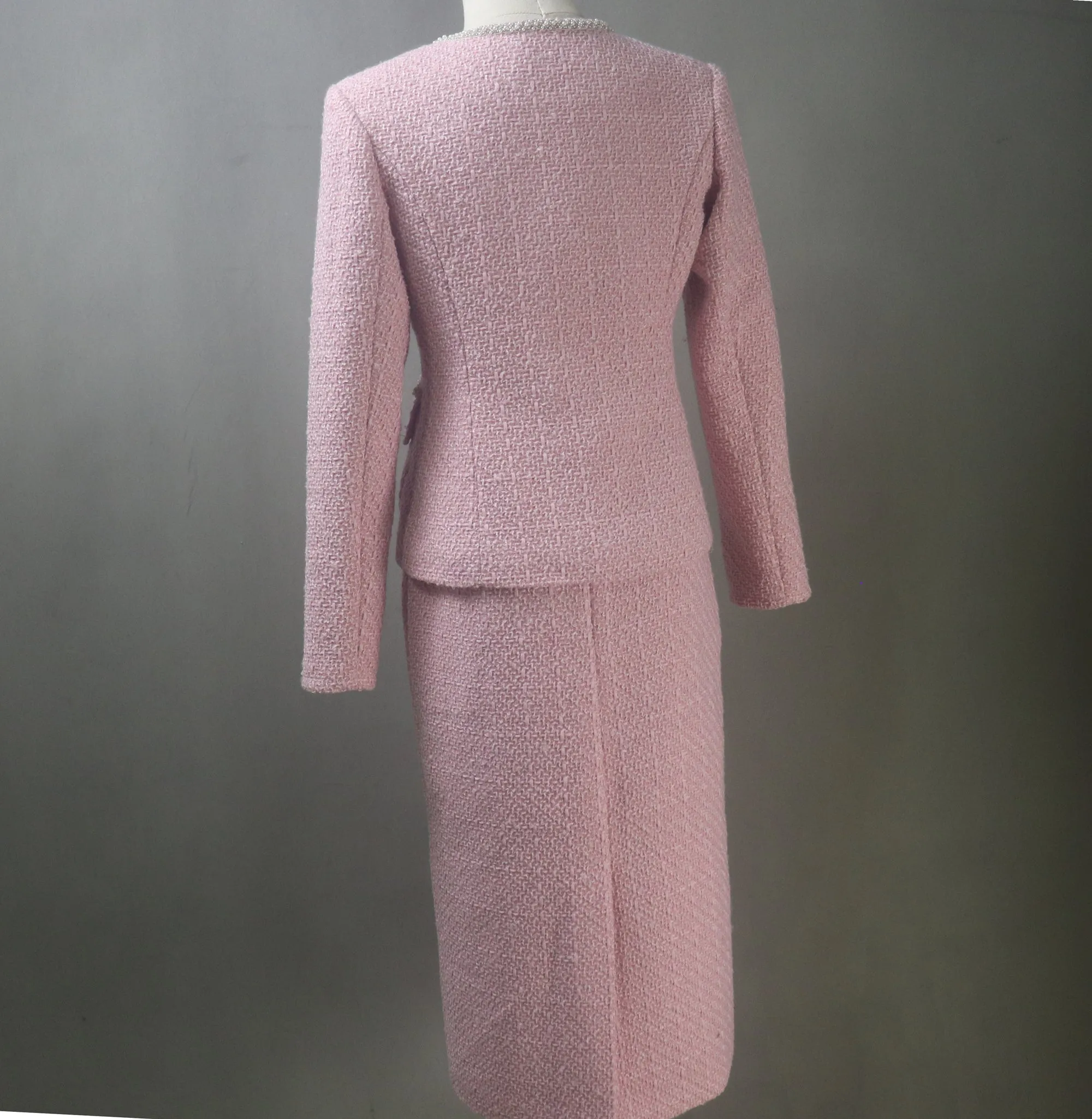 Pink Tweed Long Skirt Suit with Pearl Trim & Buttons