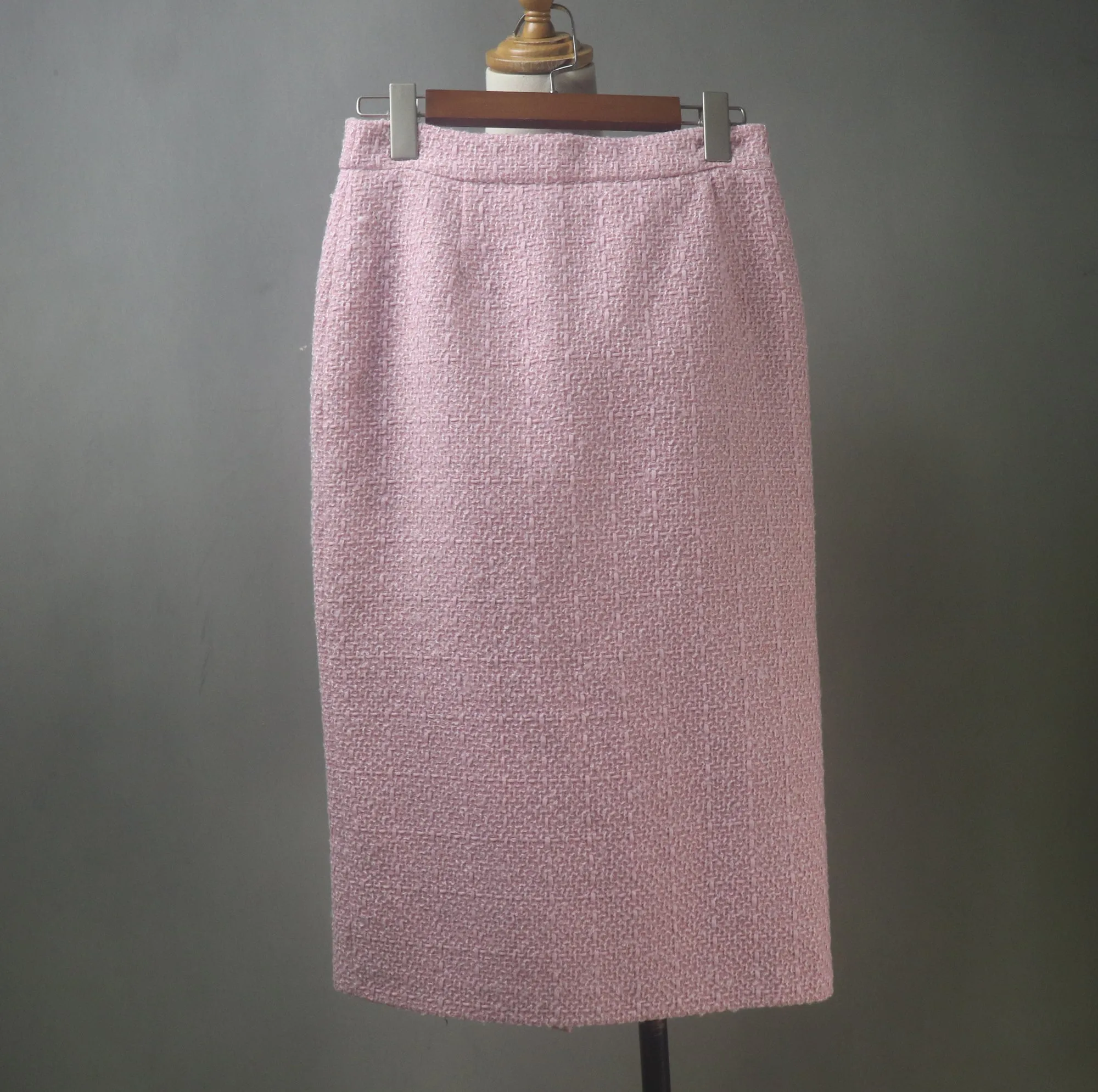 Pink Tweed Long Skirt Suit with Pearl Trim & Buttons