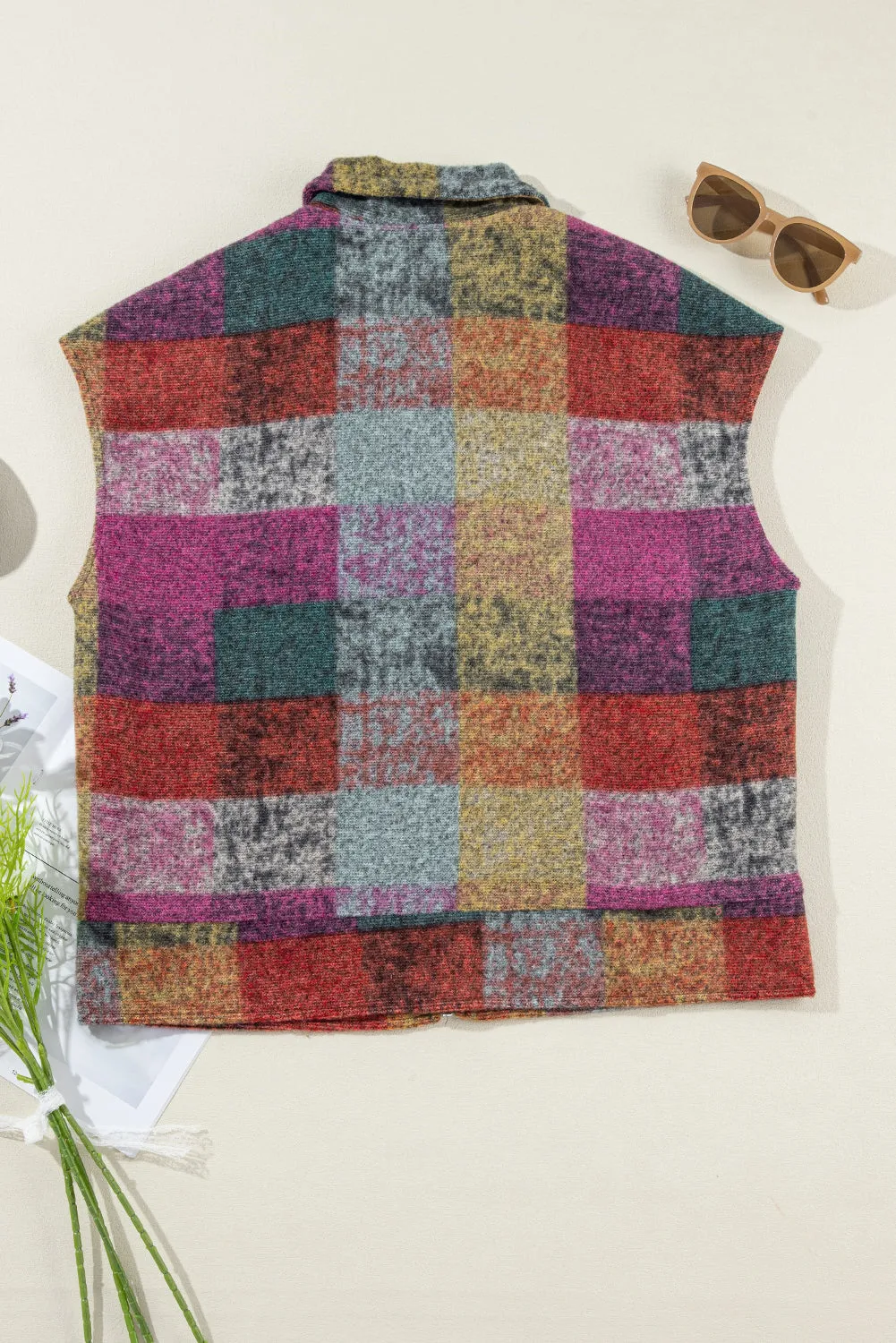 Plaid Side Pockets Zipped Vest