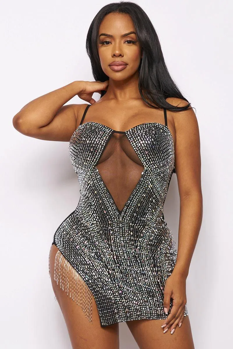 rhinestone fringe sheer panel mini dress