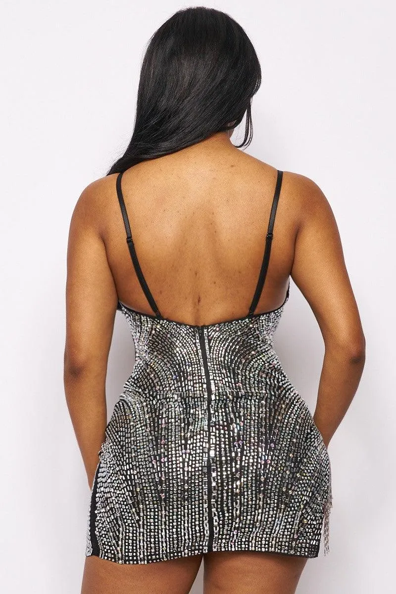 rhinestone fringe sheer panel mini dress