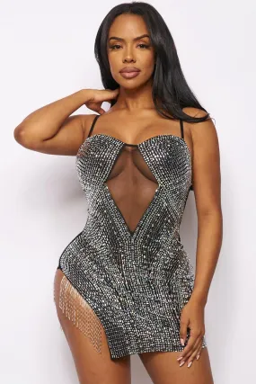 rhinestone fringe sheer panel mini dress