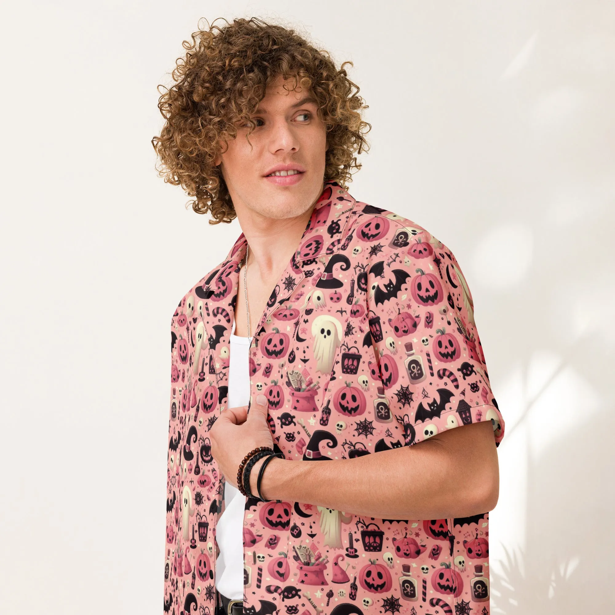 Spooky Cute Halloween Pink Button Shirt